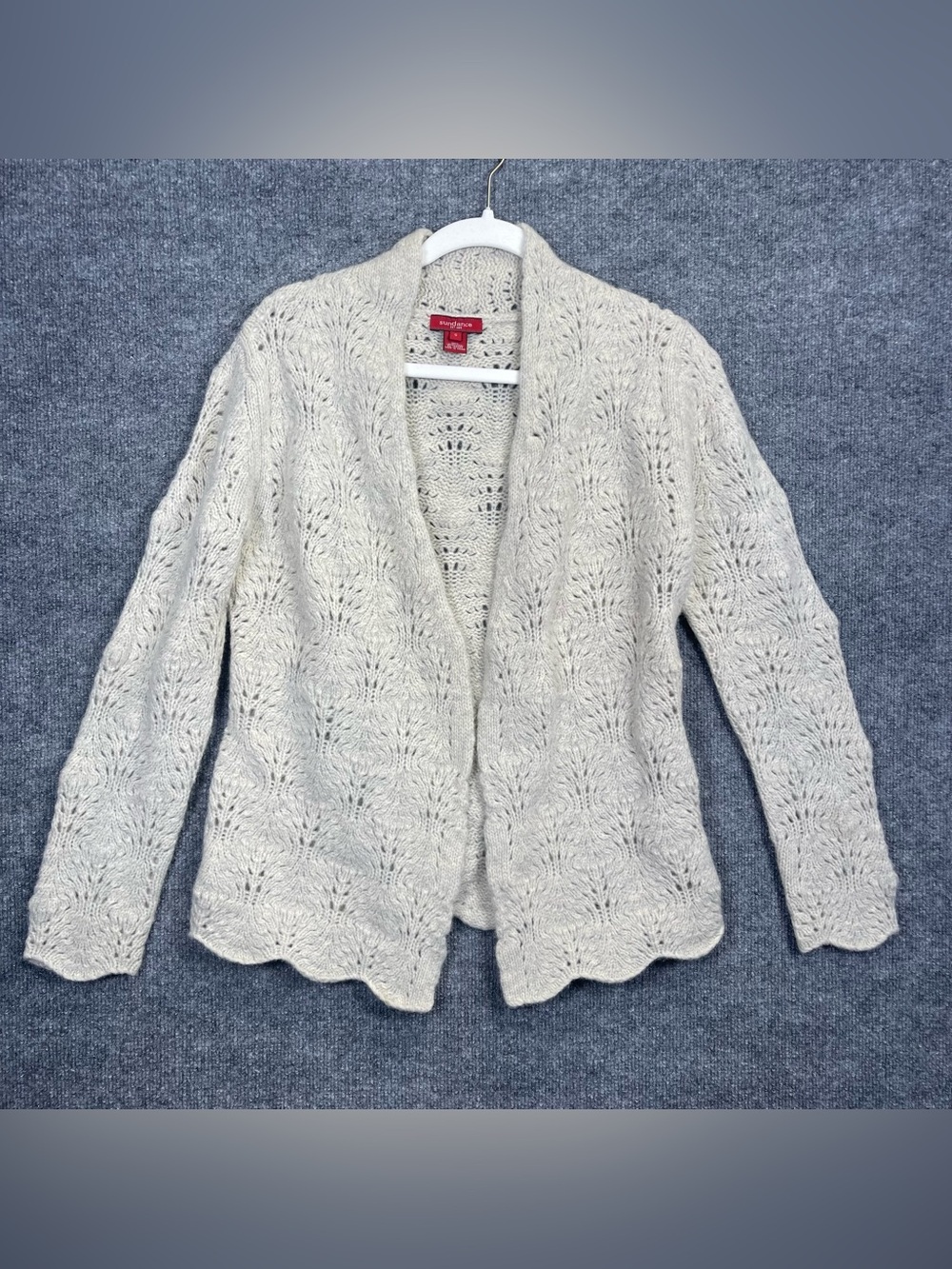 Sundance Womens Small Cream Lambswool Knit Scalloped Hem Open Front Cardigan